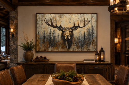 Moose Portrait On Wood Rustic Framed Canvas Wall Art For Cabin Decor