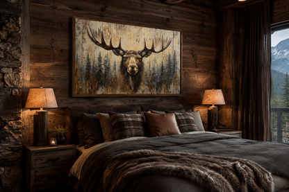 Moose Portrait On Wood Rustic Framed Canvas Wall Art For Cabin Decor