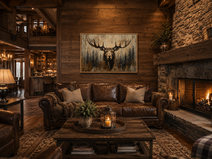 Moose Portrait On Wood Rustic Framed Canvas Wall Art For Cabin Decor