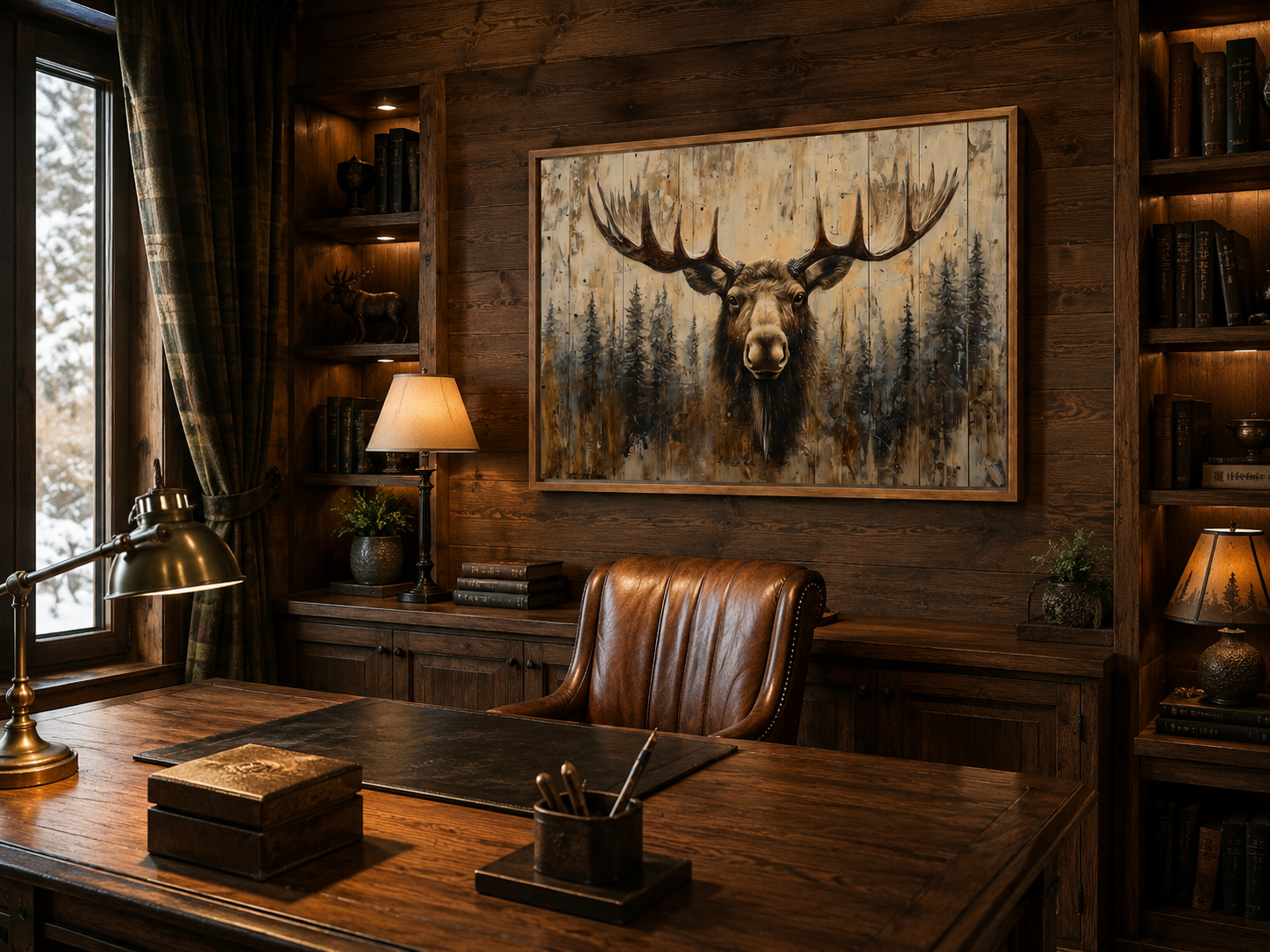 Moose Portrait On Wood Rustic Framed Canvas Wall Art For Cabin Decor