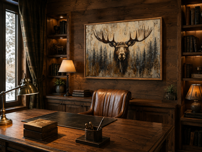Moose Portrait On Wood Rustic Framed Canvas Wall Art For Cabin Decor