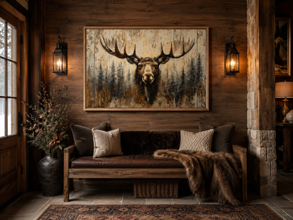 Moose Portrait On Wood Rustic Framed Canvas Wall Art For Cabin Decor
