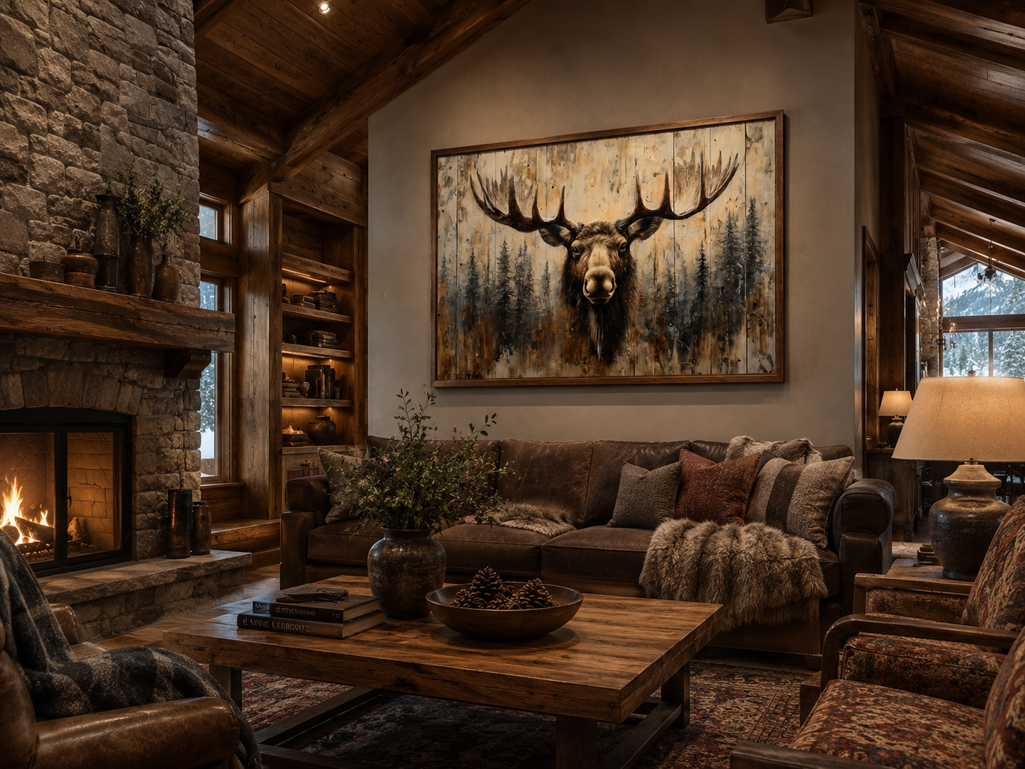 Moose Portrait On Wood Rustic Framed Canvas Wall Art For Cabin Decor