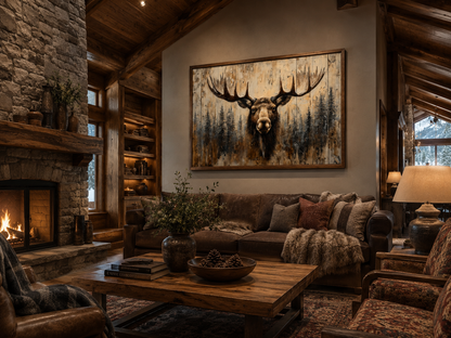 Moose Portrait On Wood Rustic Framed Canvas Wall Art For Cabin Decor