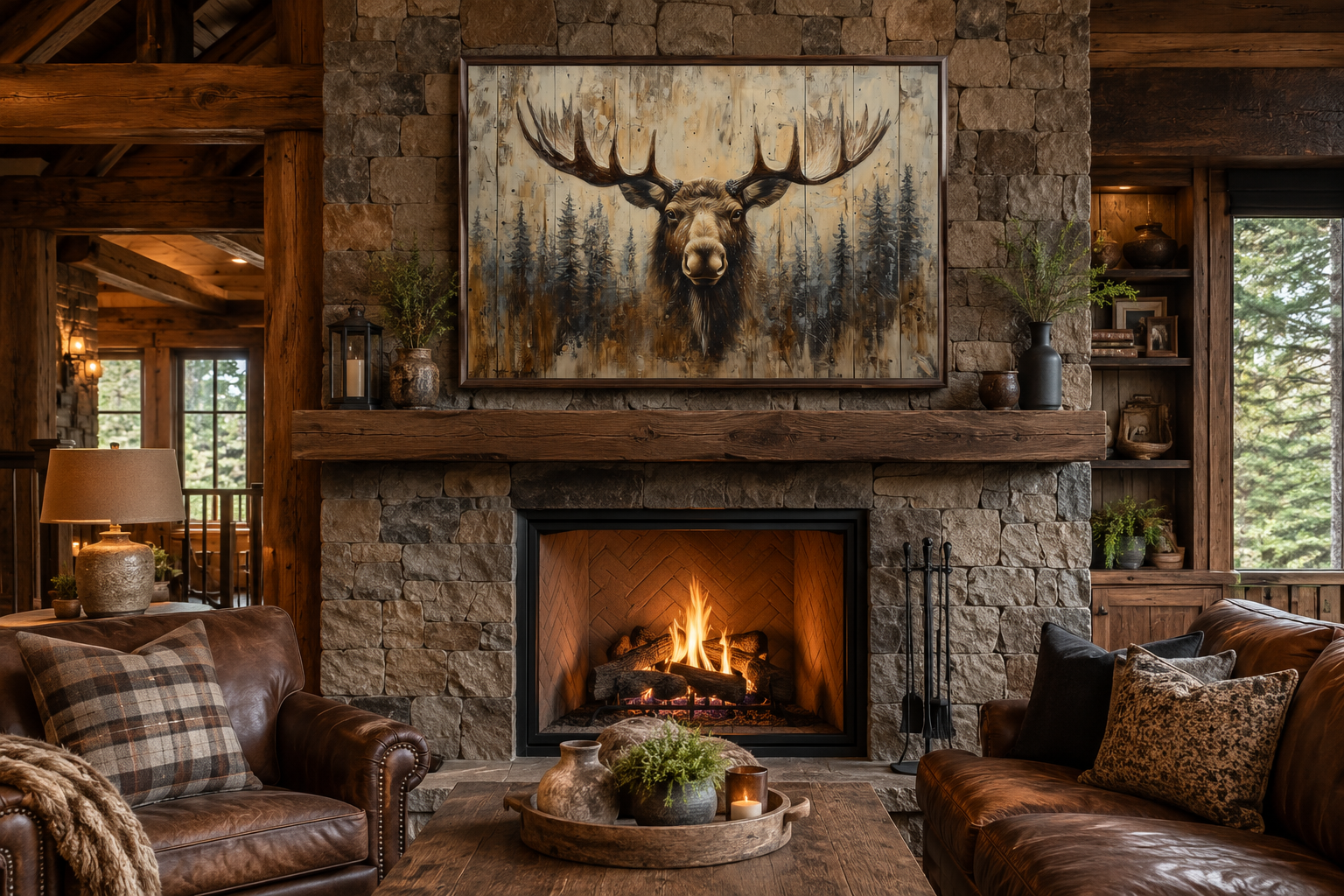 Moose Portrait On Wood Rustic Framed Canvas Wall Art For Cabin Decor
