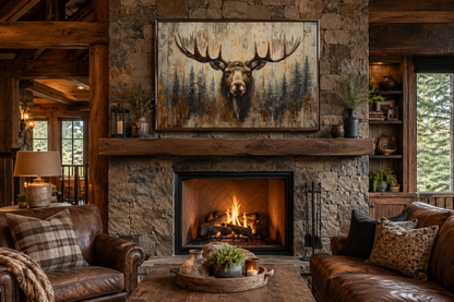 Moose Portrait On Wood Rustic Framed Canvas Wall Art For Cabin Decor