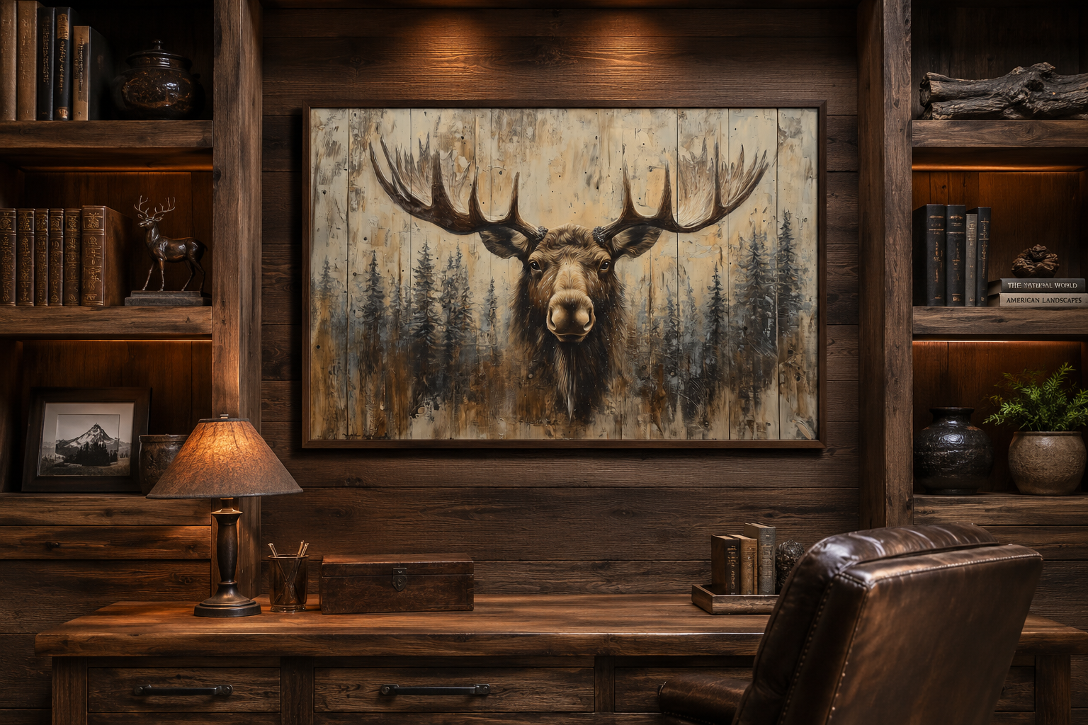 Moose Portrait On Wood Rustic Framed Canvas Wall Art For Cabin Decor