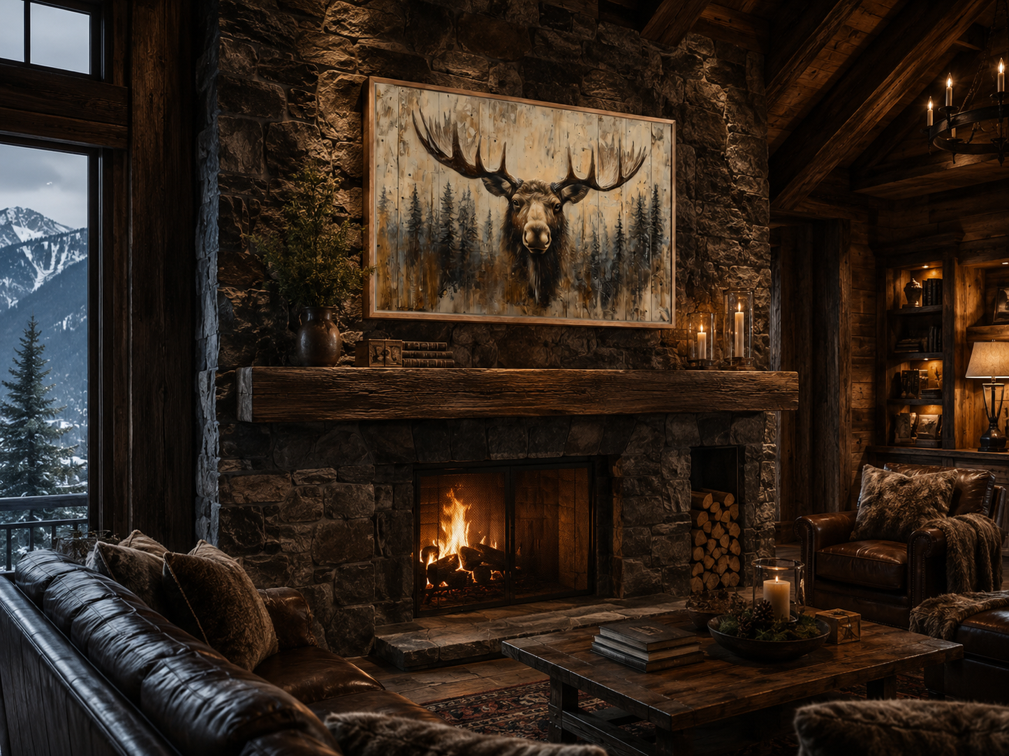 Moose Portrait On Wood Rustic Framed Canvas Wall Art For Cabin Decor