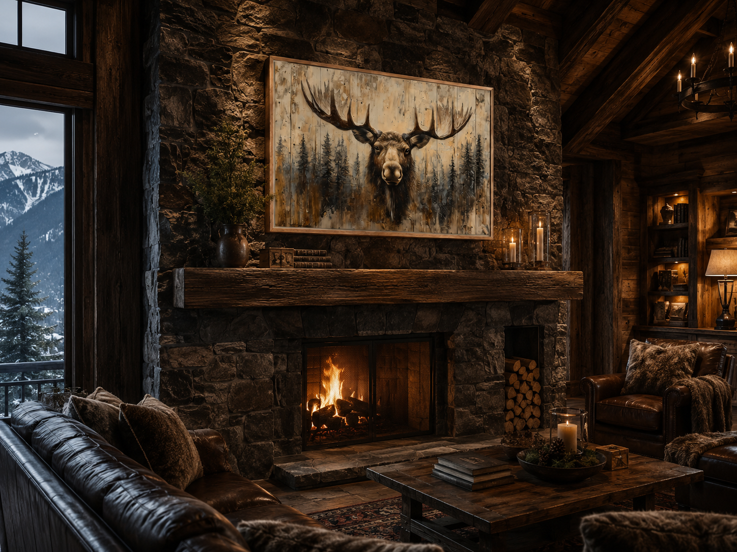 Moose Portrait On Wood Rustic Framed Canvas Wall Art For Cabin Decor