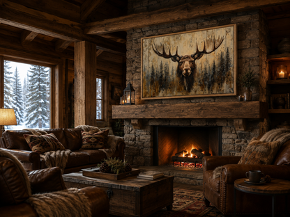 Moose Portrait On Wood Rustic Framed Canvas Wall Art For Cabin Decor