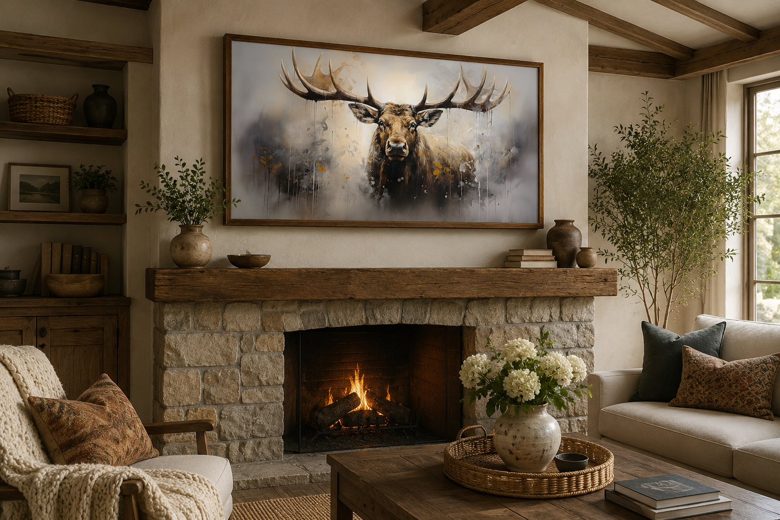 Abstract Moose Wall Art - Extra Large Framed Moose Canvas Print | Rustic Cabin Decor