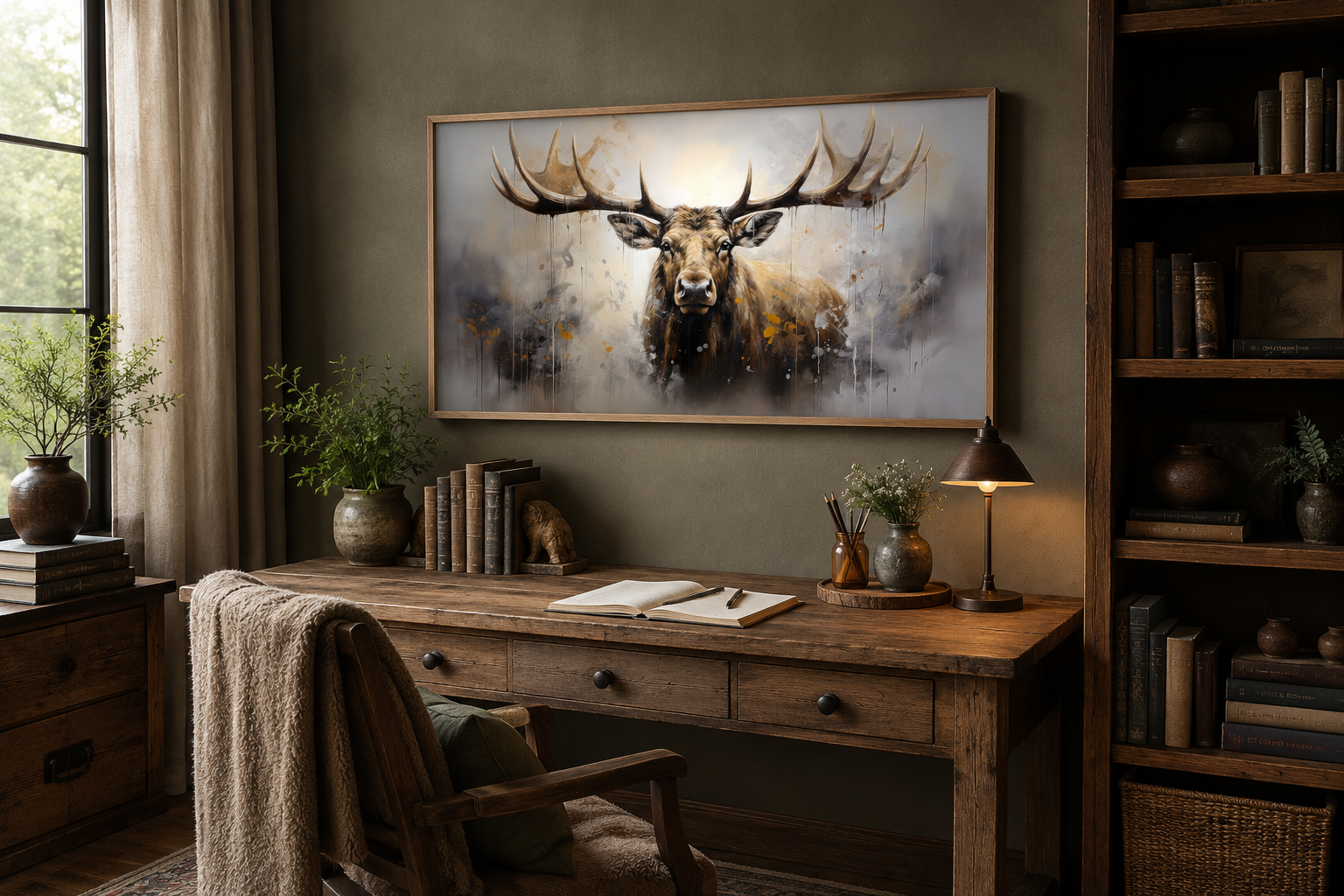 Abstract Moose Wall Art - Extra Large Framed Moose Canvas Print | Rustic Cabin Decor