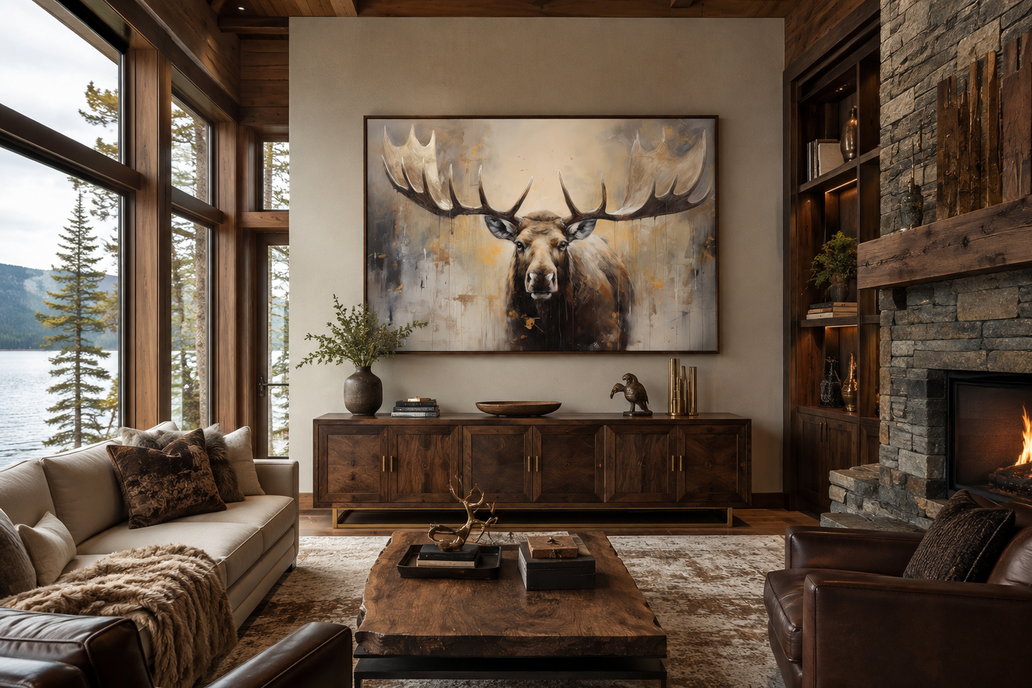 Moose Painting Neutral Beige Cabin Decor Framed Canvas Wall Art