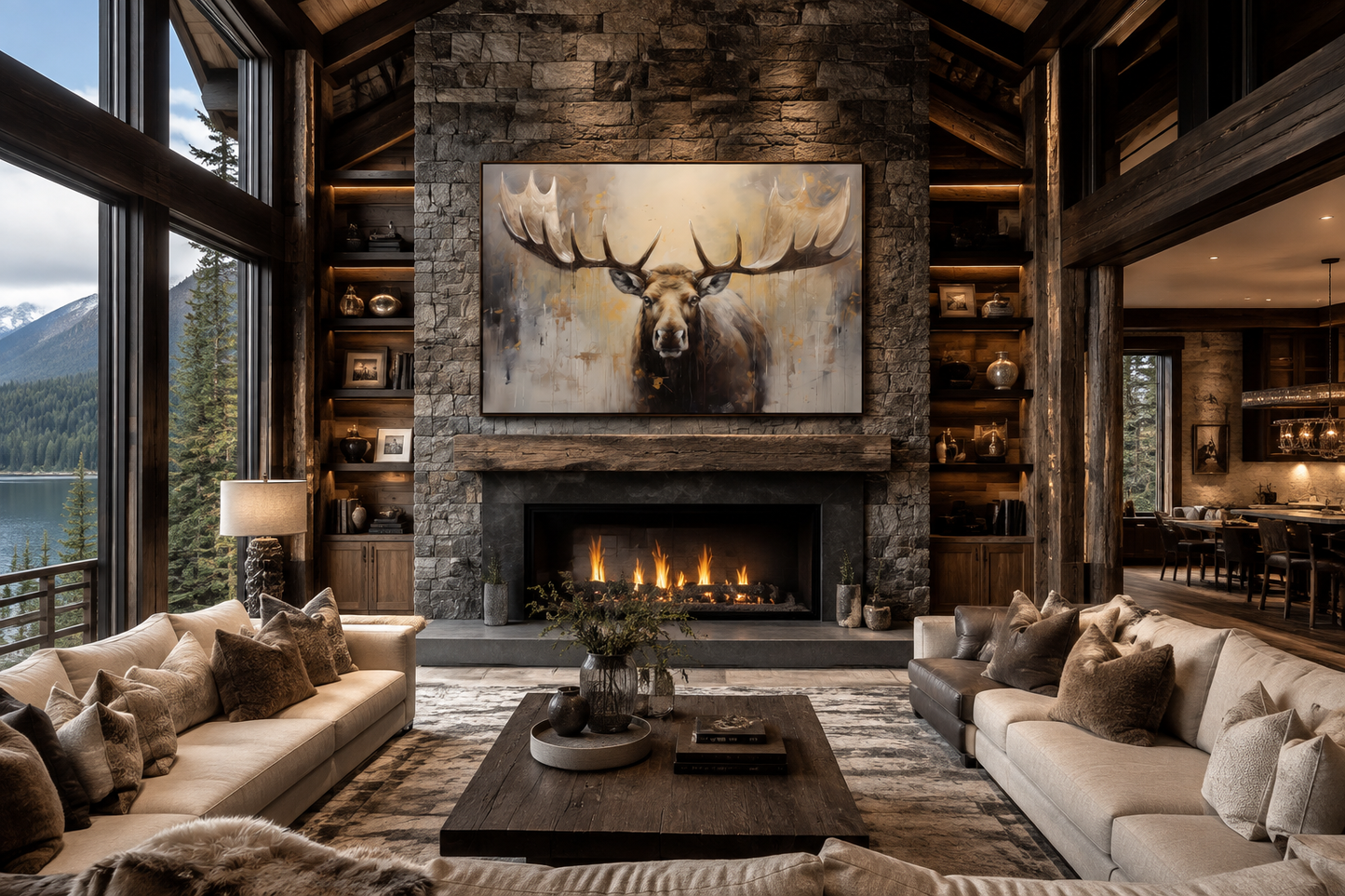 Moose Painting Neutral Beige Cabin Decor Framed Canvas Wall Art