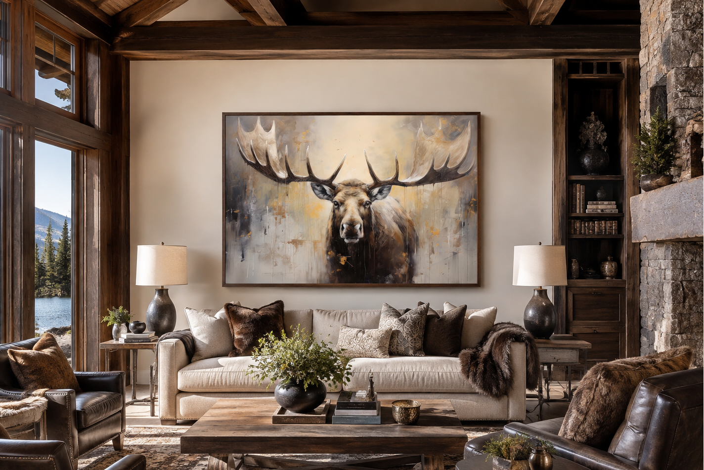 Moose Painting Neutral Beige Cabin Decor Framed Canvas Wall Art