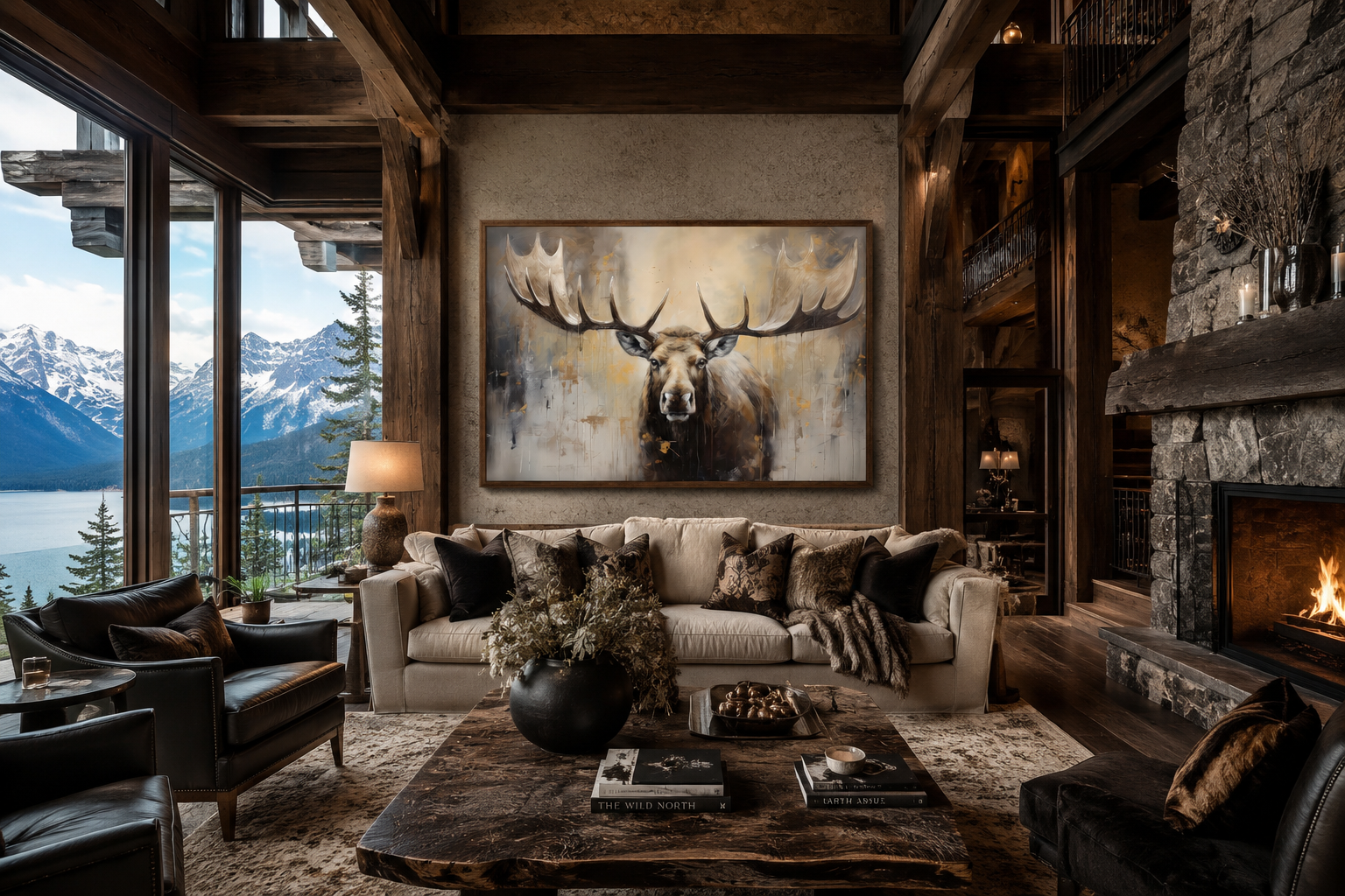 Moose Painting Neutral Beige Cabin Decor Framed Canvas Wall Art