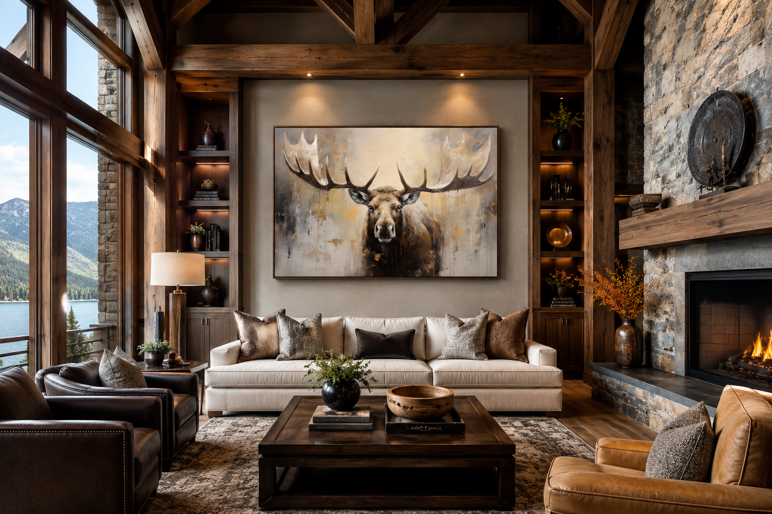 Moose Painting Neutral Beige Cabin Decor Framed Canvas Wall Art
