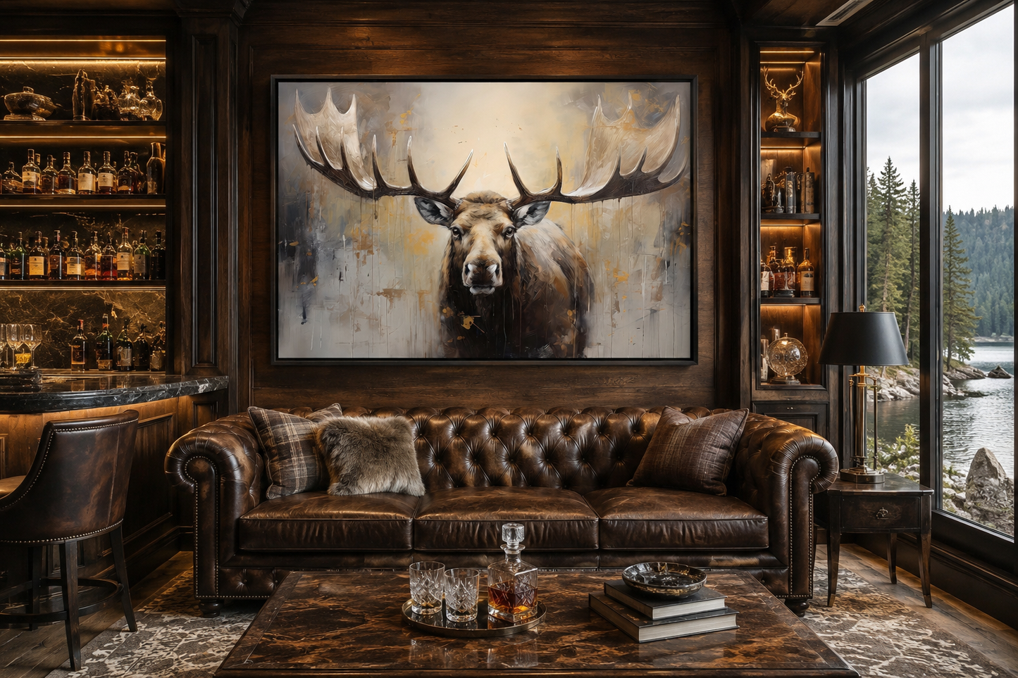 Moose Painting Neutral Beige Cabin Decor Framed Canvas Wall Art