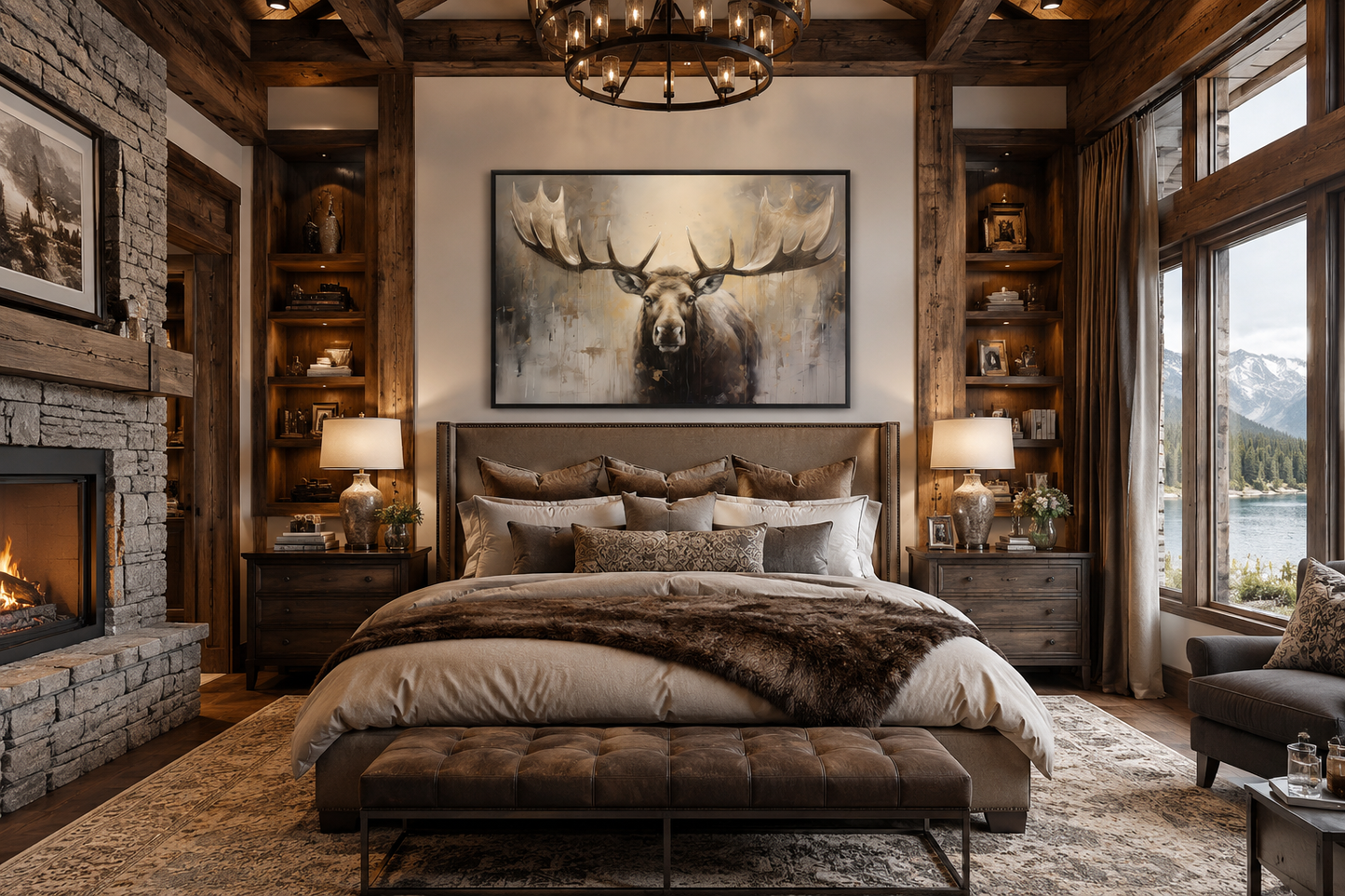 Moose Painting Neutral Beige Cabin Decor Framed Canvas Wall Art