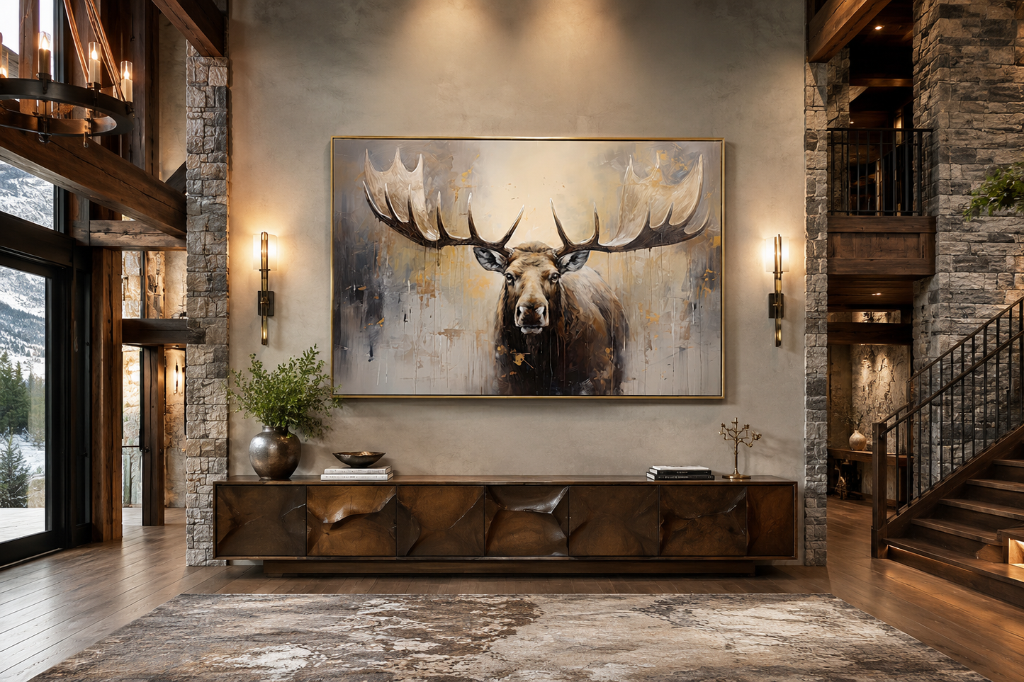 Moose Painting Neutral Beige Cabin Decor Framed Canvas Wall Art