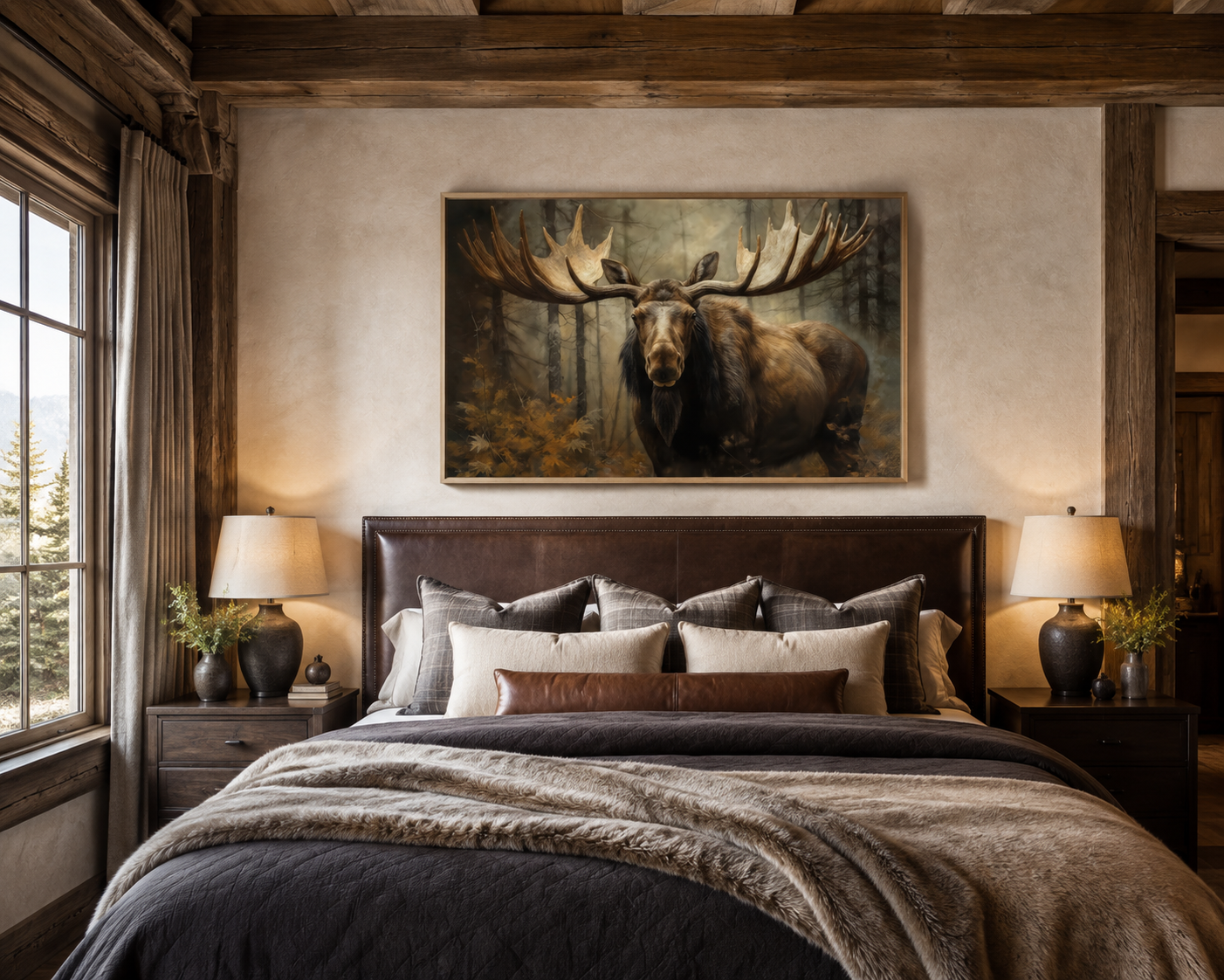 Moose With Big Antlers In The Forest Framed Canvas Wall Art
