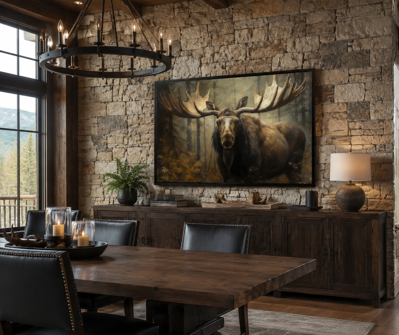 Moose With Big Antlers In The Forest Framed Canvas Wall Art