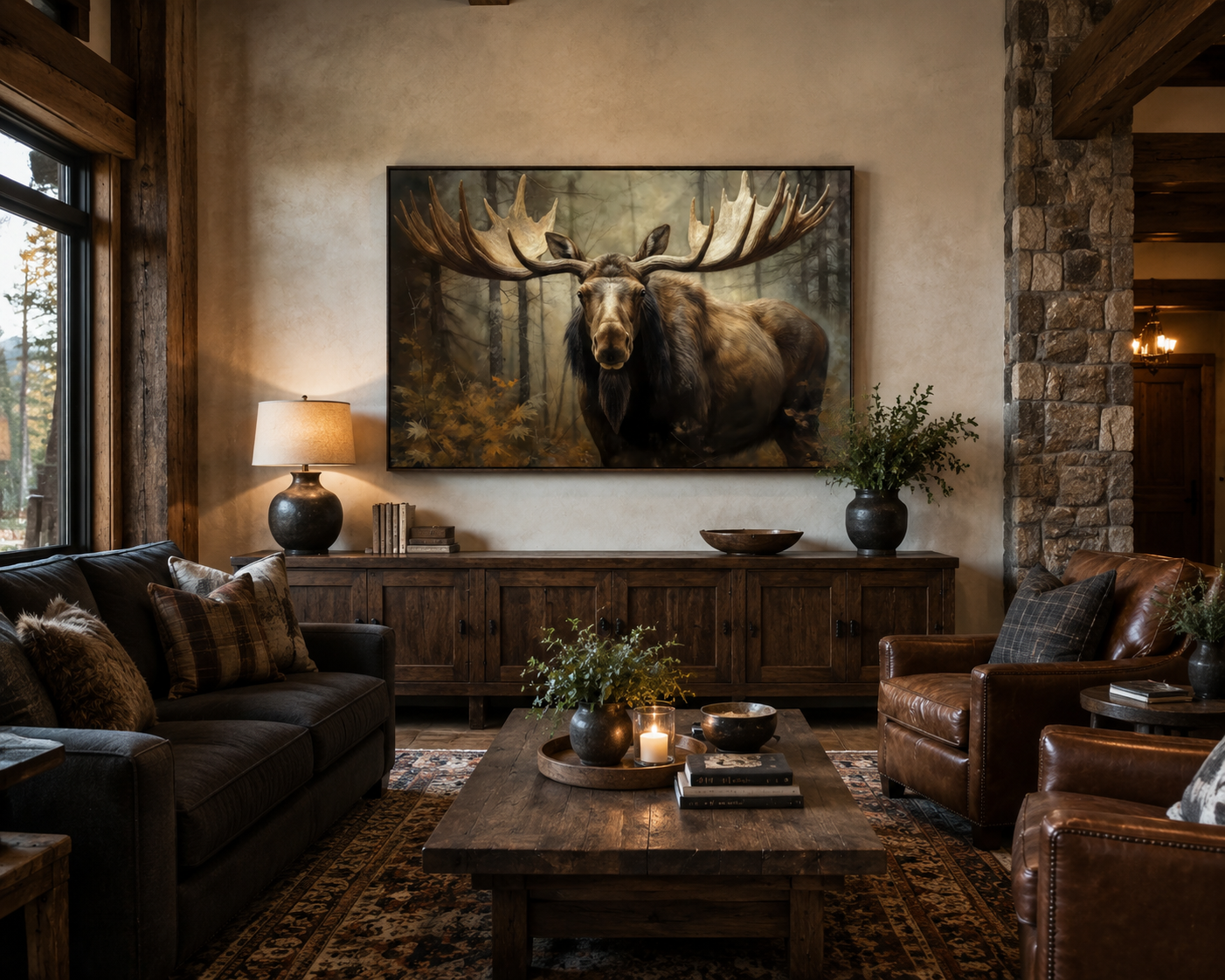 Moose With Big Antlers In The Forest Framed Canvas Wall Art