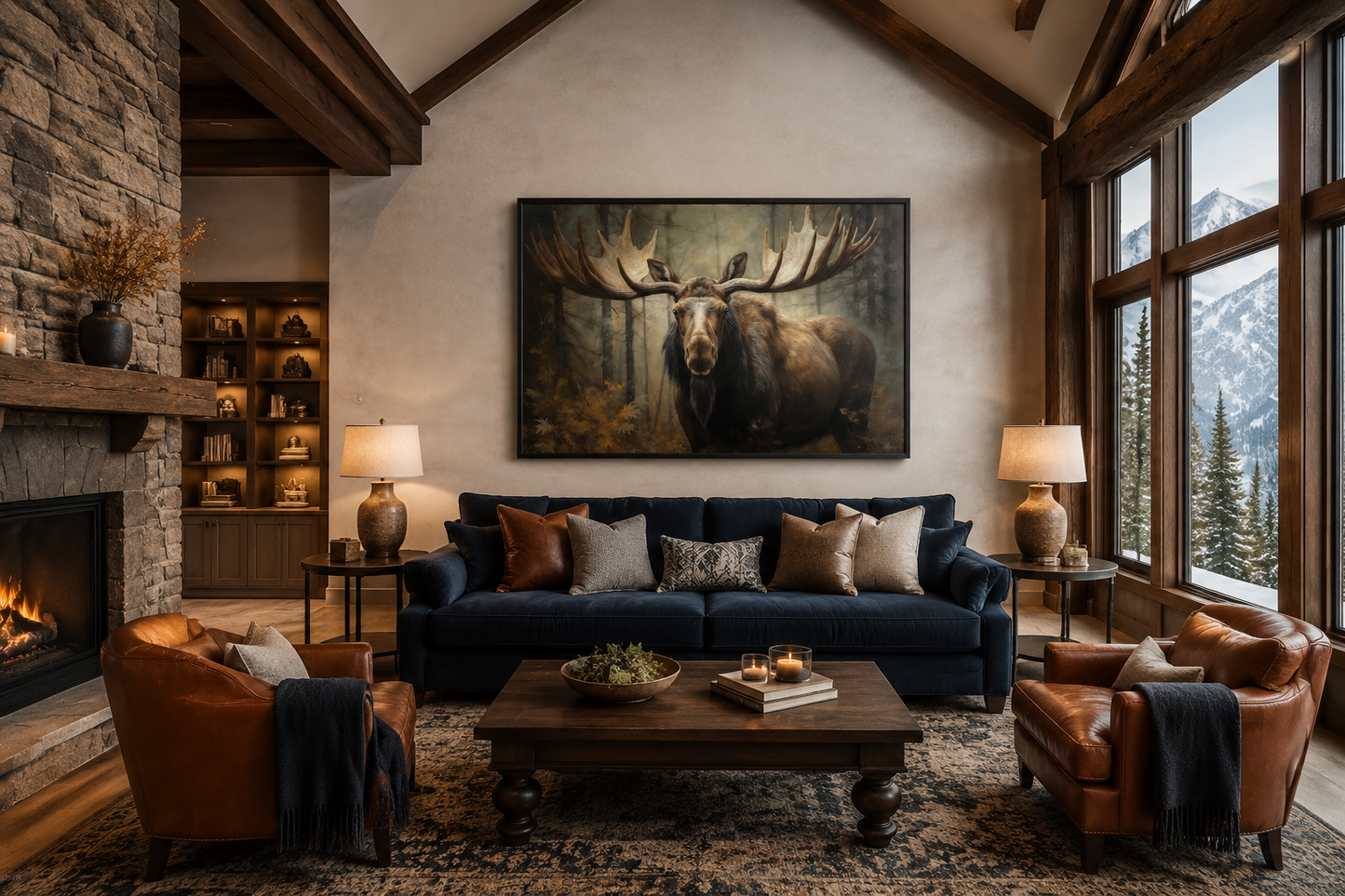 Moose With Big Antlers In The Forest Framed Canvas Wall Art