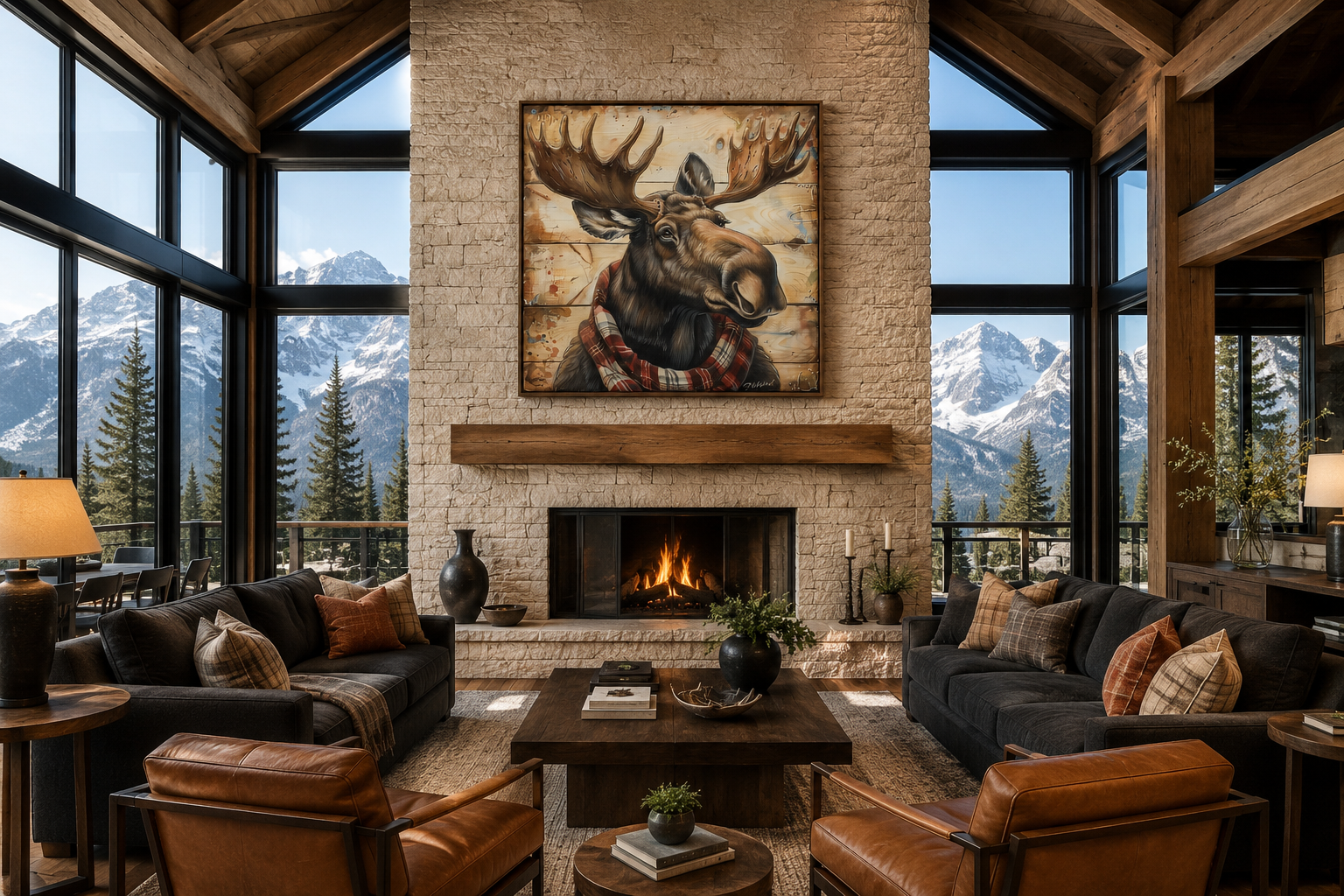 Moose With Red Scarf Painting on Weathered Wood Canvas Print
