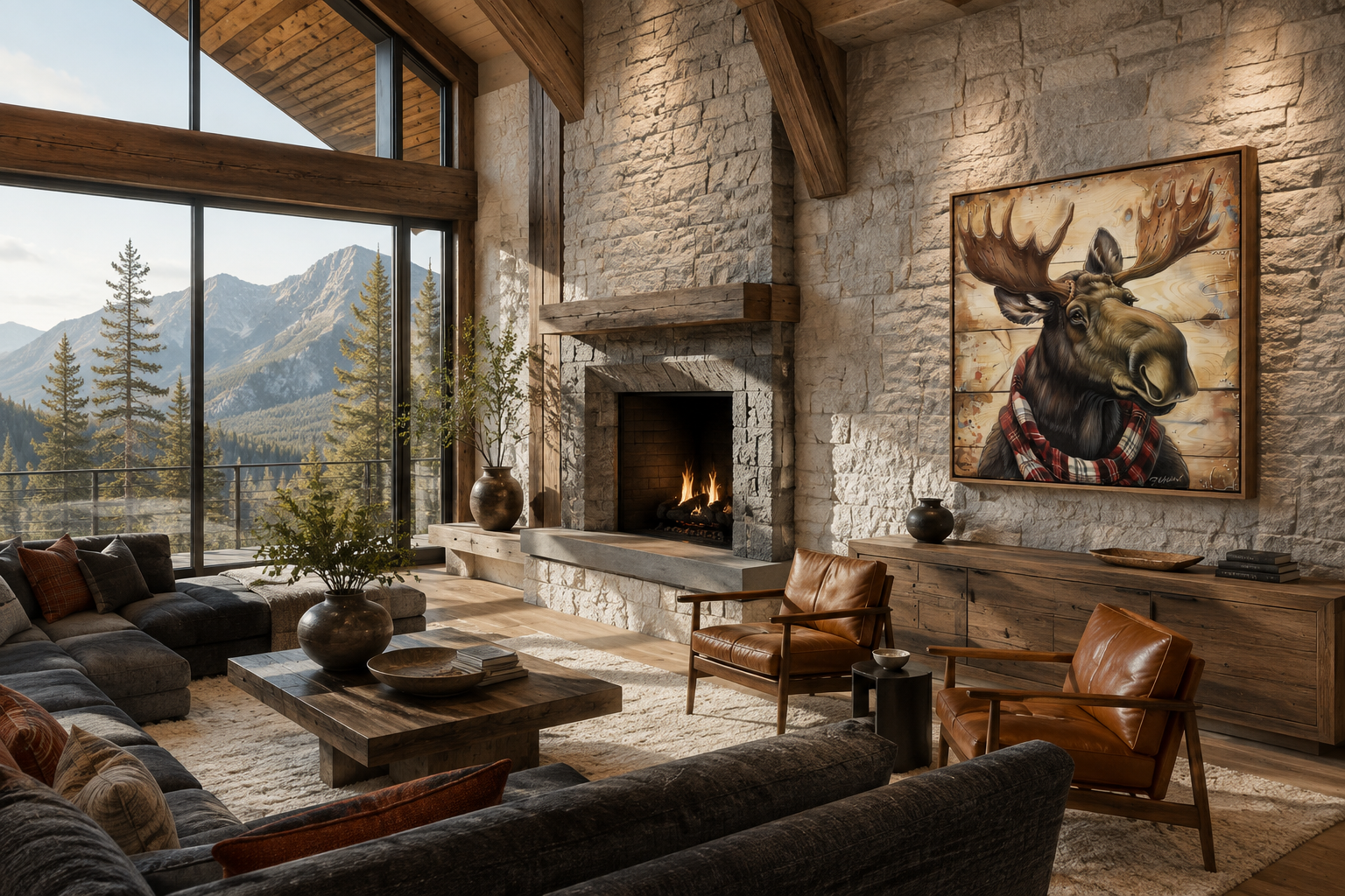 Moose With Red Scarf Painting on Weathered Wood Canvas Print