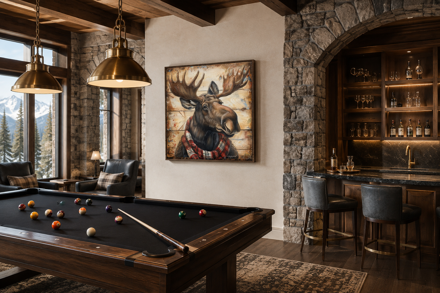 Moose With Red Scarf Painting on Weathered Wood Canvas Print