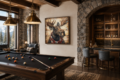 Moose With Red Scarf Painting on Weathered Wood Canvas Print