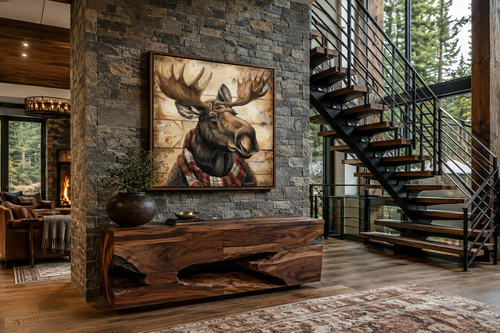 Moose With Red Scarf Painting on Weathered Wood Canvas Print