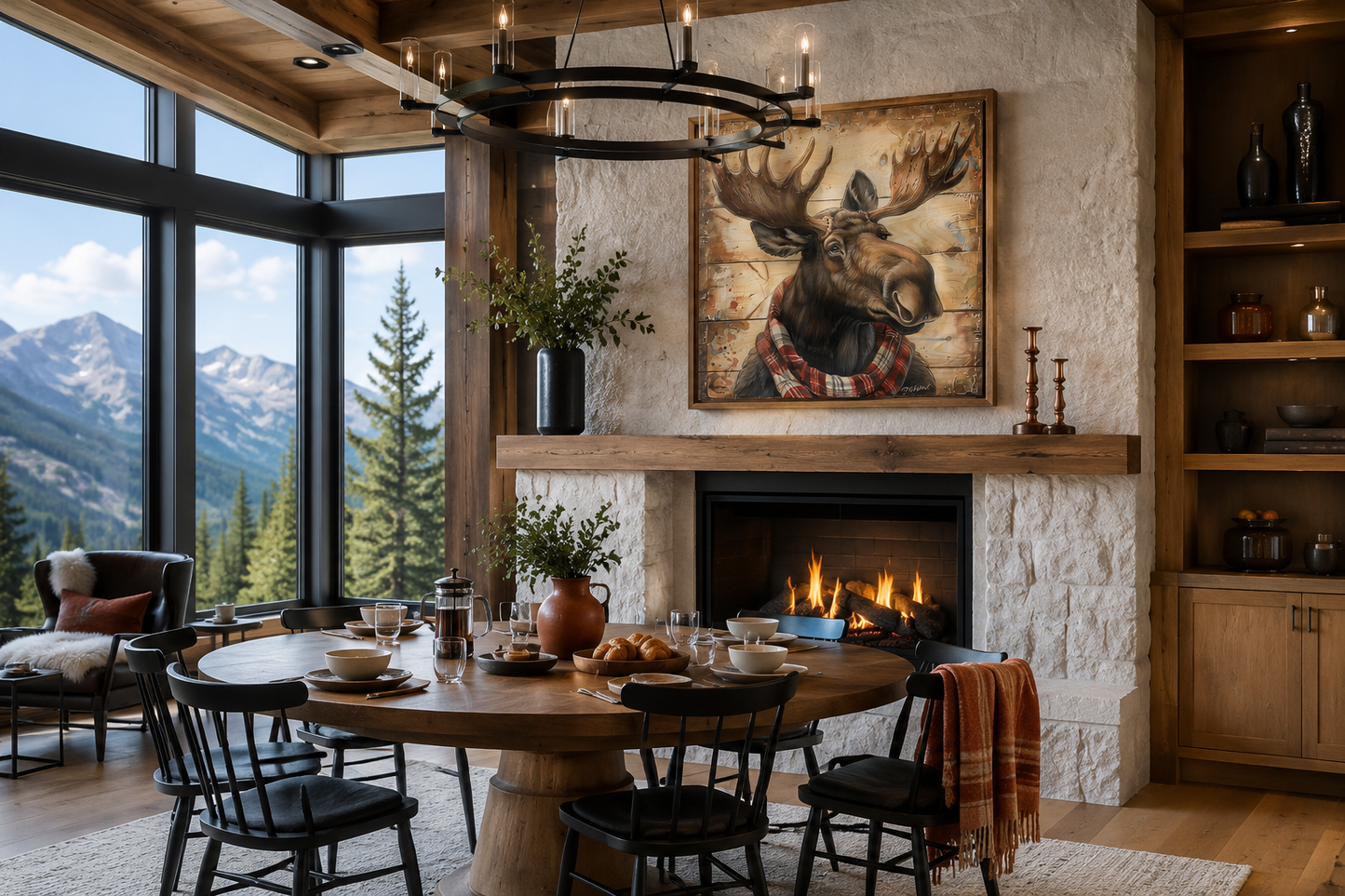 Moose With Red Scarf Painting on Weathered Wood Canvas Print