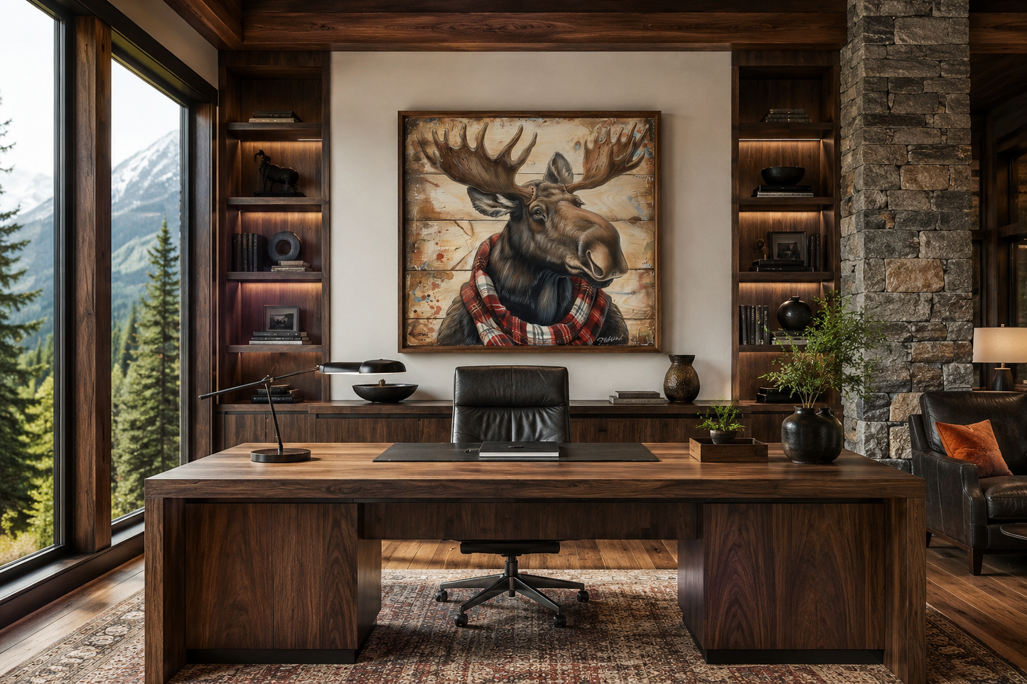 Moose With Red Scarf Painting on Weathered Wood Canvas Print
