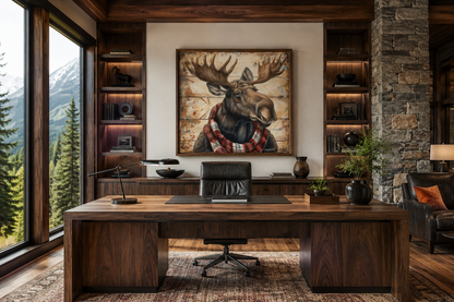 Moose With Red Scarf Painting on Weathered Wood Canvas Print