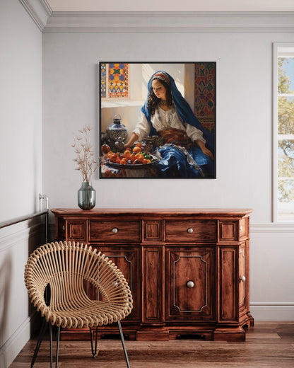 Moroccan Woman Wall Art - Colorful Fruit Canvas | Modern Dining Room Or Kitchen Decor