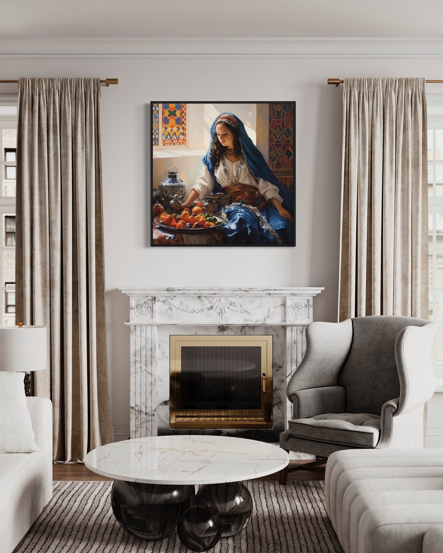 Moroccan Woman Wall Art - Colorful Fruit Canvas | Modern Dining Room Or Kitchen Decor