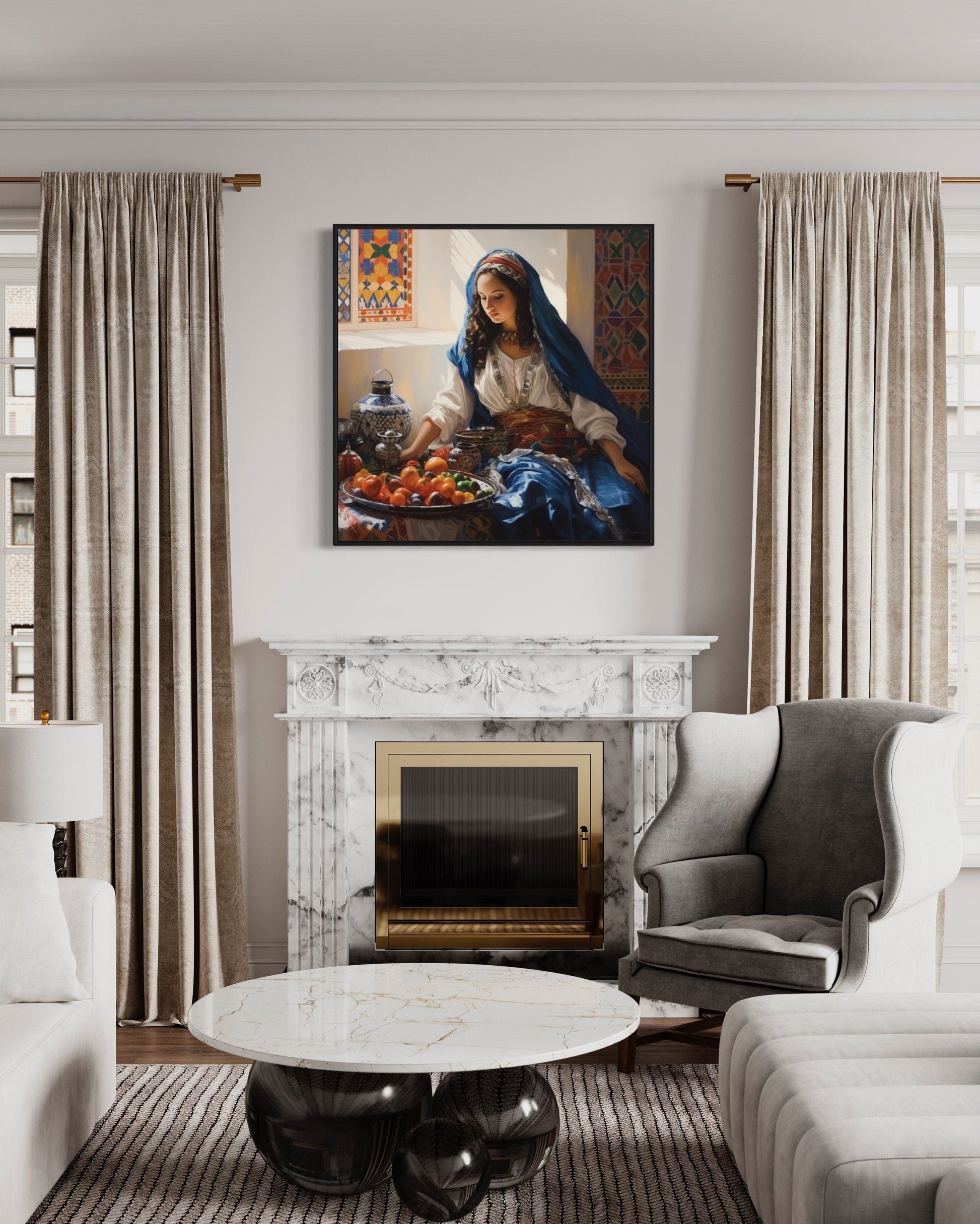 Moroccan Woman Wall Art - Colorful Fruit Canvas | Modern Dining Room Or Kitchen Decor