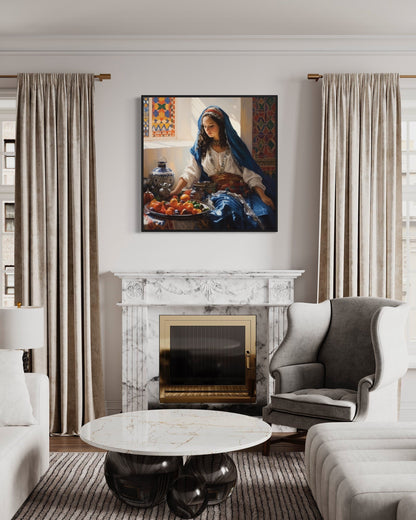 Moroccan Woman Wall Art - Colorful Fruit Canvas | Modern Dining Room Or Kitchen Decor