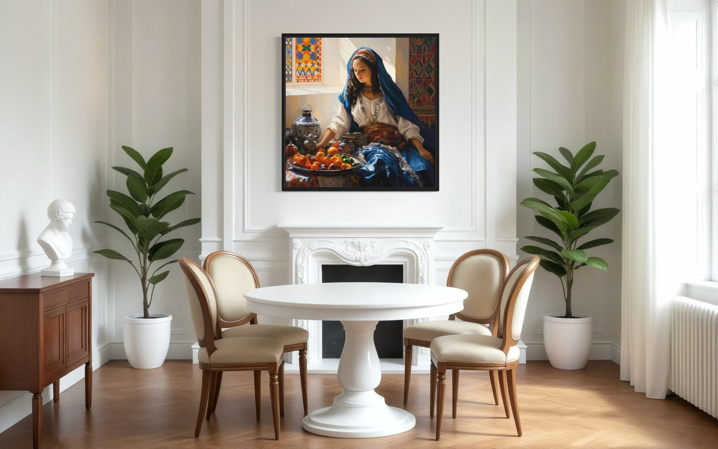 Moroccan Woman Wall Art - Colorful Fruit Canvas | Modern Dining Room Or Kitchen Decor