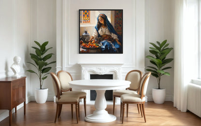 Moroccan Woman Wall Art - Colorful Fruit Canvas | Modern Dining Room Or Kitchen Decor