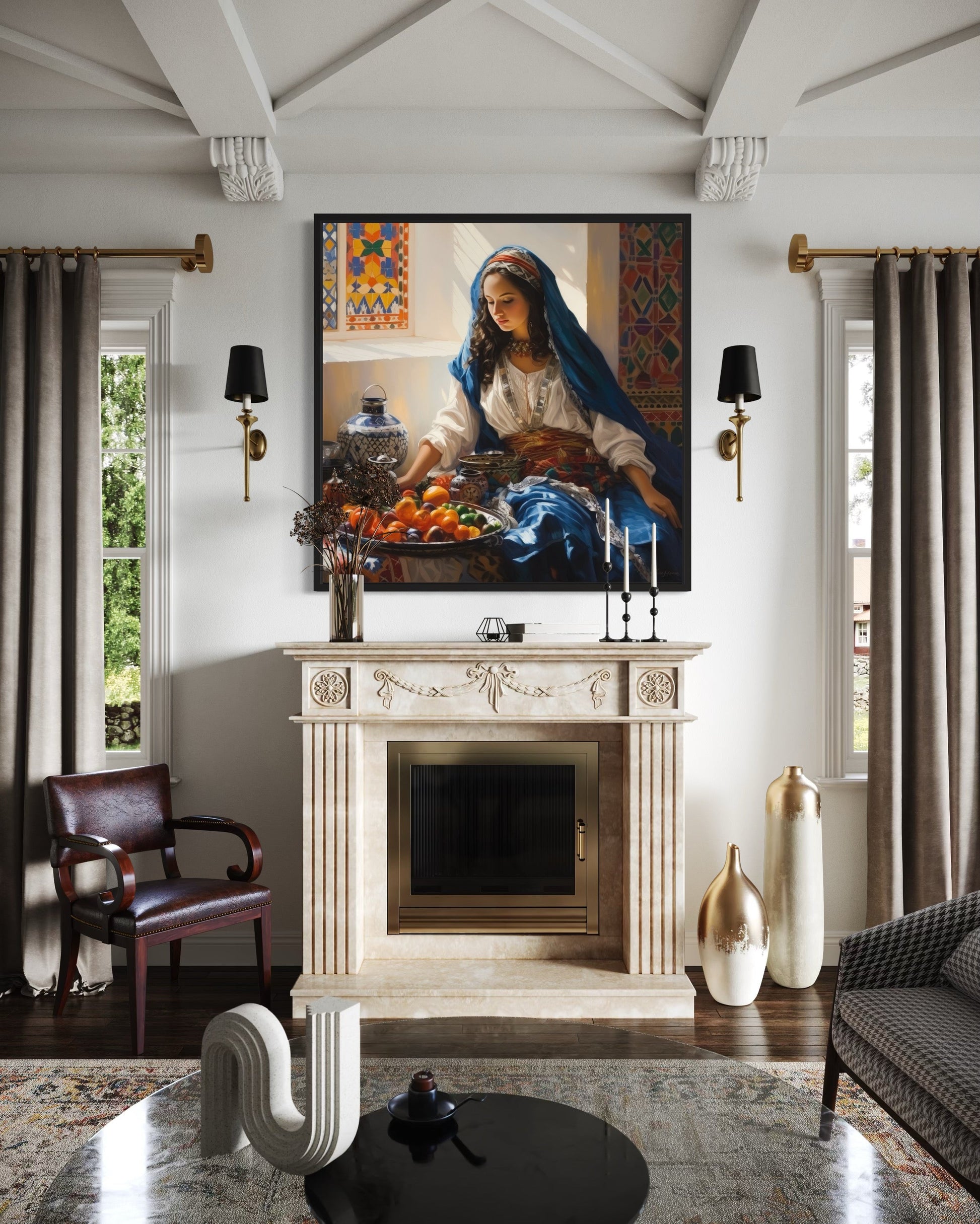 Moroccan Woman Wall Art - Colorful Fruit Canvas | Modern Dining Room Or Kitchen Decor