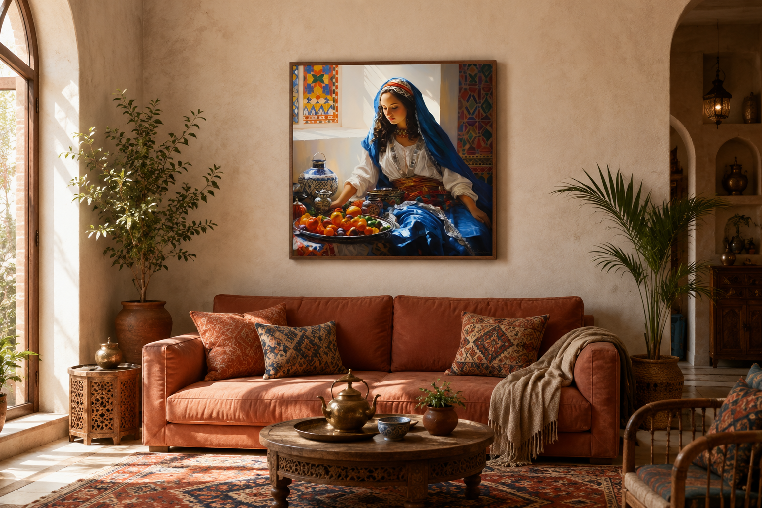 Moroccan Woman Wall Art - Colorful Fruit Canvas | Modern Dining Room Or Kitchen Decor