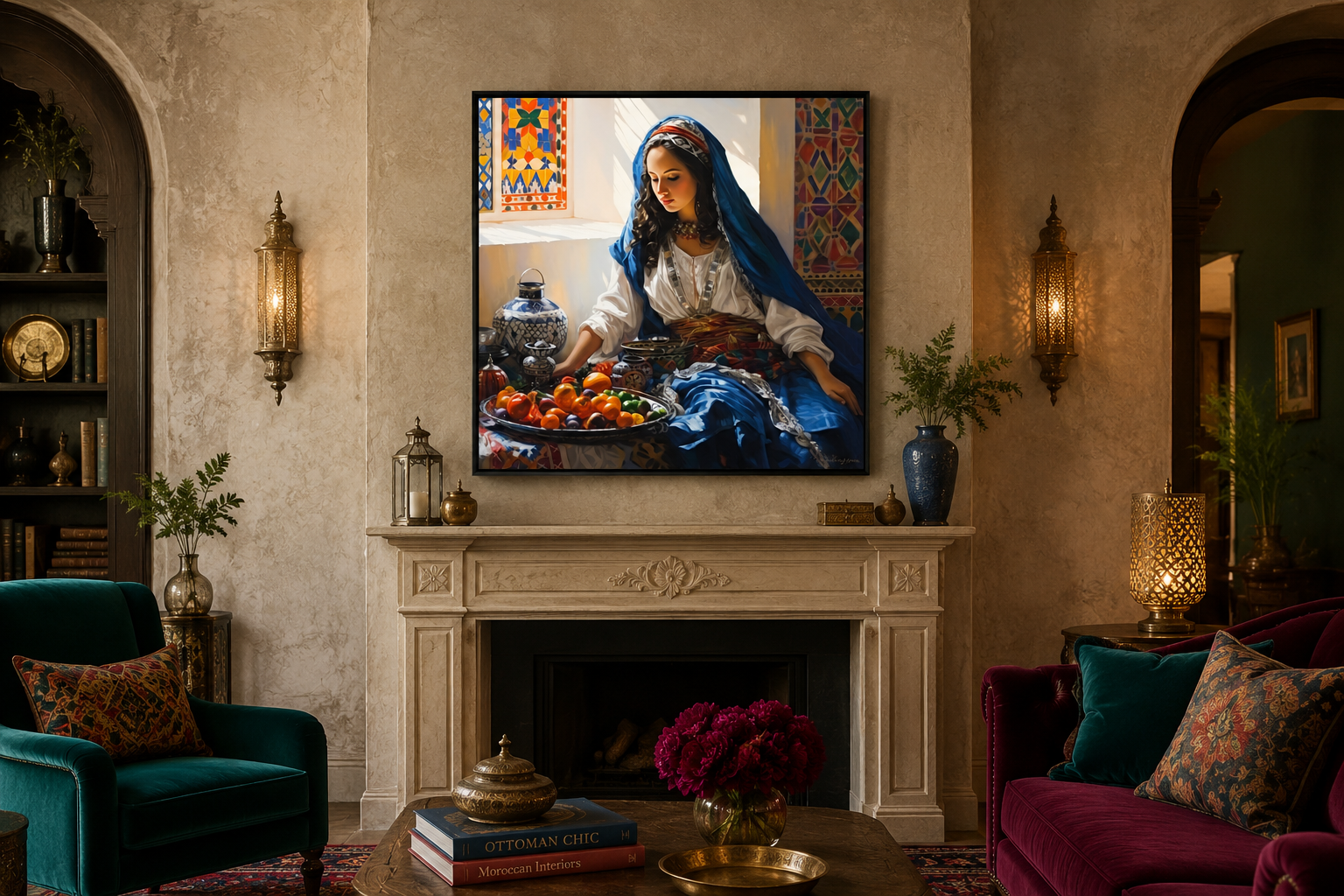 Moroccan Woman Wall Art - Colorful Fruit Canvas | Modern Dining Room Or Kitchen Decor