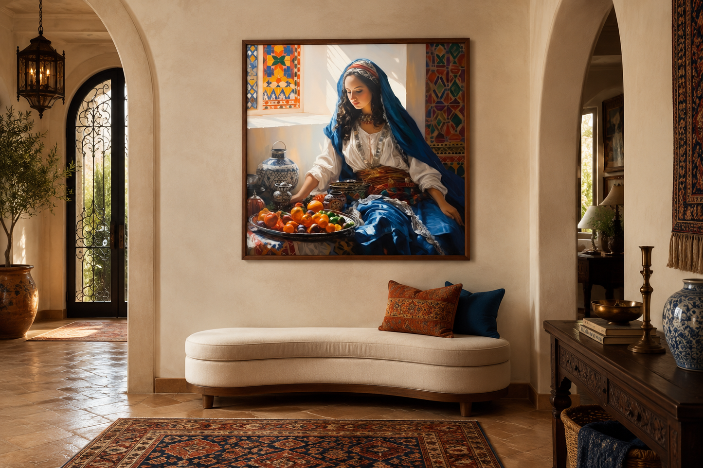 Moroccan Woman Wall Art - Colorful Fruit Canvas | Modern Dining Room Or Kitchen Decor