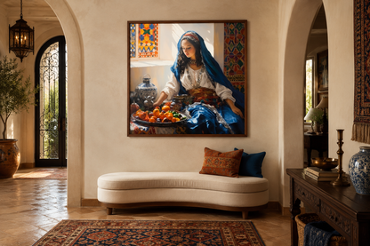 Moroccan Woman Wall Art - Colorful Fruit Canvas | Modern Dining Room Or Kitchen Decor