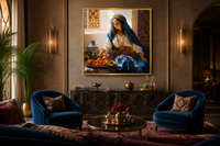 Moroccan Woman Wall Art - Colorful Fruit Canvas | Modern Dining Room Or Kitchen Decor