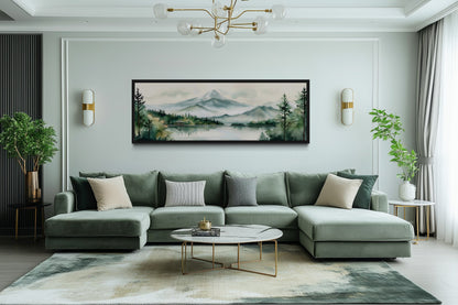 Mount Fuji And Lake Landscape Long Horizontal Framed Canvas Wall Art