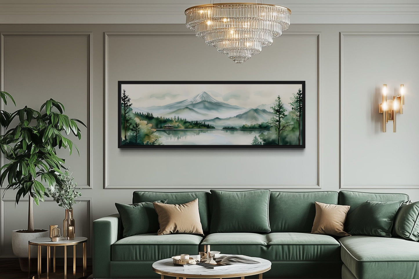 Mount Fuji And Lake Landscape Long Horizontal Framed Canvas Wall Art